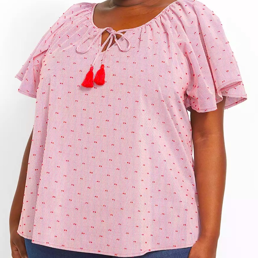 Lane Bryant Classic Split-Neck Red Pin Stripe Top - Size 14/16